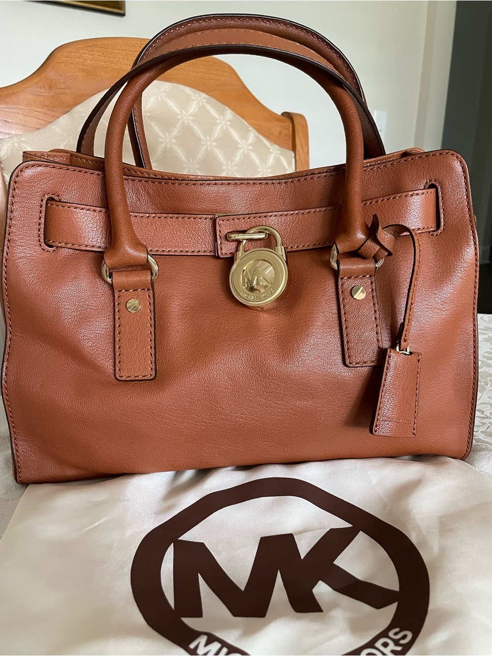 Michael Kors Cognac Leather Satchel with Gold-Tone MK Charm
